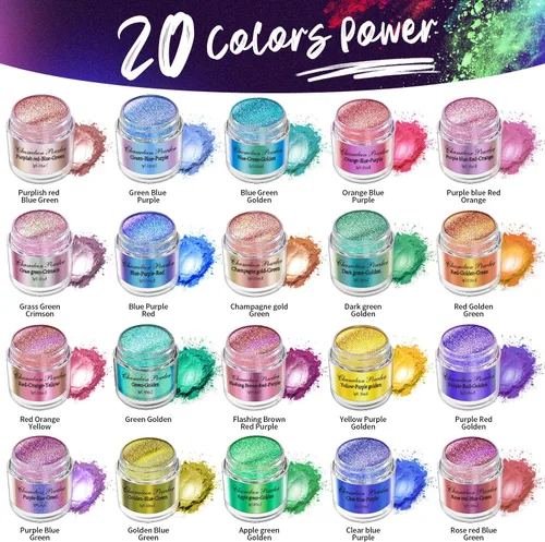 Miniatura 2 de 20 colores Polvo de mica camaleón, 20 * 3g Polvo de pigmento de cambio de color para resina epoxi, pintura, fabricación de jabón, bombas de baño