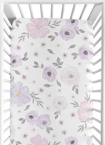 Sweet Jojo Designs Sábanas ajustables para cuna de bebé (floral bohemio morado/gris) para niñas, guardería infantil, habitación de niños pequeños,