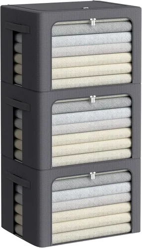 Miniatura 17 de Paquete de 3 cajas de almacenamiento con marco, bolsas de almacenamiento de ropa, tela Oxford, plegable, apilable, juego organizador con ventana