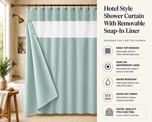 Miniatura 3 de Juego de cortina de ducha de tejido gofre con forro – Cortina de baño moderna con ventana superior de malla – Diseño de tela de alta calidad