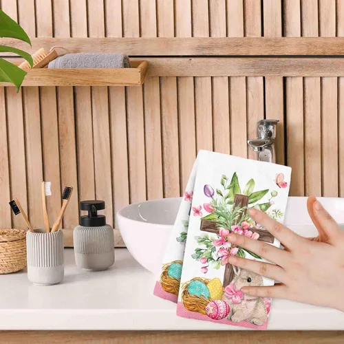 Miniatura 7 de Whaline 80 hojas de servilletas de papel desechables de Pascua con diseño floral de huevo de conejo, flores, cena, servilletas de mano
