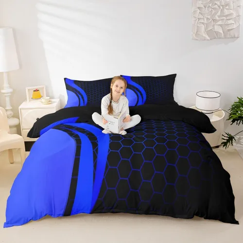 Miniatura 4 de Juego de ropa de cama de panal hexagonal para niños, niñas, adolescentes, funda de edredón geométrica transpirable, colmena geométrica roja y negra