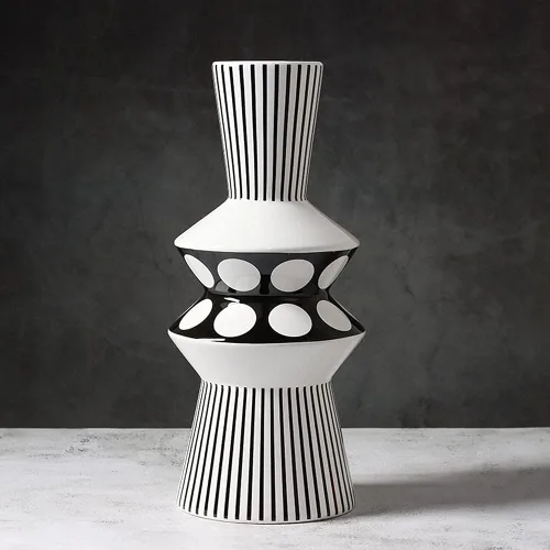 Magcolor Florero grande de cerámica geométrica a rayas blancas y negras - Decoración moderna del jarrón