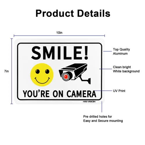 Miniatura 3 de Paquete de 2 carteles de videovigilancia con texto en inglés "Smile You're on Camer", de 10 x 7 pulgadas, de aluminio libre de óxido, resistente a