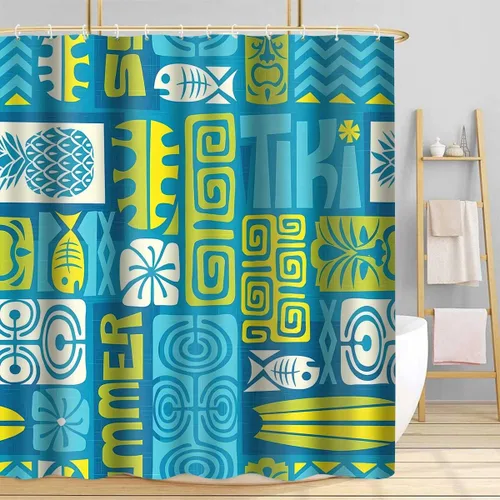 Miniatura 6 de Hawaii - Cortina de ducha exótica Tiki, 36 x 72 pulgadas, cortinas de ducha retro hawaianas étnicas de pez, piña, estilo tribal Tiki Juego