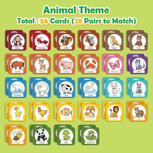 Miniatura 2 de Edulok Juego de tarjetas de memoria, juego de partidos para niños pequeños, aprender español para niños, tarjetas flash bilingües, juguetes