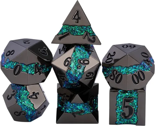 Miniatura 21 de Dados poliédricos DND de metal, juego de dados metálicos con purpurina a rayas grandes, juego de 7 dados plateados antiguos para juegos de rol