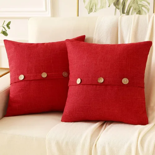 HAUSSY Juego de 2 fundas de almohada decorativas de lino rojo de 20x20 pulgadas, juego de fundas de cojín cuadradas con 3 botones vintage,