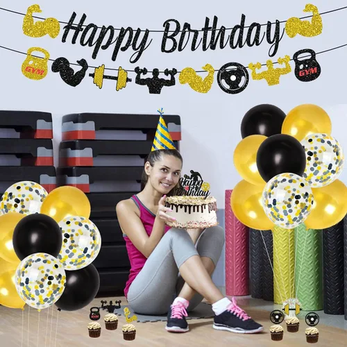 Miniatura 4 de Decoraciones de fiesta de cumpleaños para gimnasio, decoraciones de fiesta temática de fitness negro y dorado para hombres, suministros de fiesta