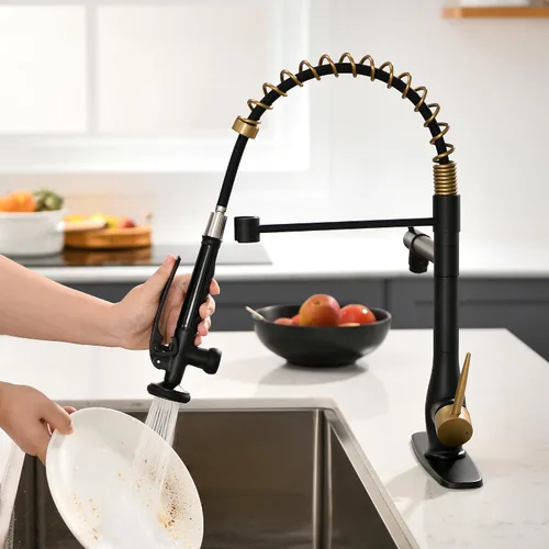 Miniatura 6 de GIMILI Grifo de cocina negro y dorado con rociador desplegable Grifo de fregadero de cocina de alta presión de una sola manija Grifos de cocina
