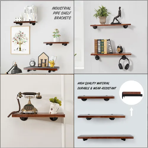 Miniatura 4 de Juego de 8 soportes industriales para estantes de tubería de 12 pulgadas, soportes de estantería de hierro negro rústicos montados en la pared