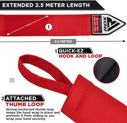 Miniatura 5 de RDX Boxing Wraps Kids 2.5M Guantes internos, Vendajes elásticos para el pulgar, Junior Under Mitts Protector de puño de mano Correas de soporte