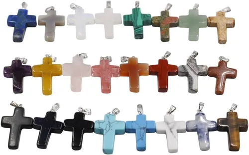 30 dijes de piedra de color con cruz de piedra preciosa, dijes de cuarzo cruzado sin cadena, suministros para hacer joyas, collares y aretes (color