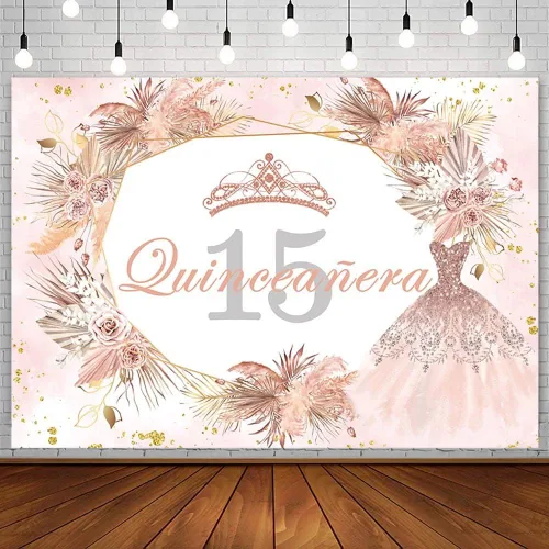 Sendy Telón de fondo de quinceañera de 15 cumpleaños de 7 x 5 pies para niña dulce, bohemio, rosa dorado con purpurina Mis Quince Anos, decoración