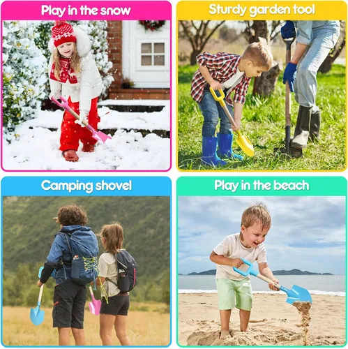 Miniatura 6 de Dsmile 3 palas largas de playa de 16 pulgadas de metal para niños, palas de arena, juguetes con mango de madera para excavar, palas de nieve, caja