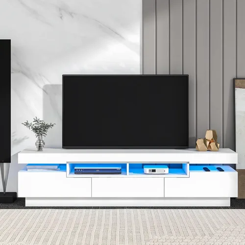 Miniatura 12 de Soporte de TV versátil de alto brillo con luces LED que cambian de color y 2 estantes de vidrio templado, centro de entretenimiento para televisores