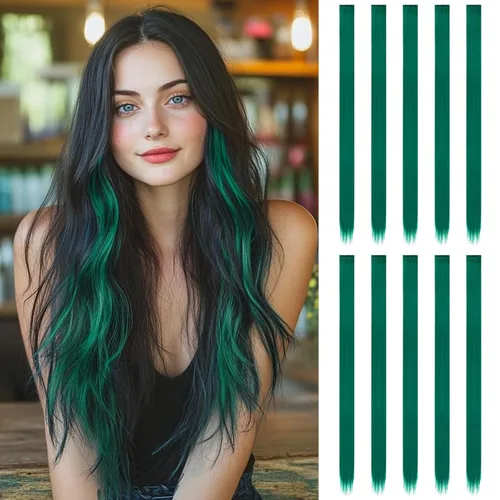 Miniatura 49 de FESHFEN Extensiones de cabello con clip de colores, 16 piezas de 8 colores resaltados, piezas de cabello sintético lacio con clip para mujer, 22