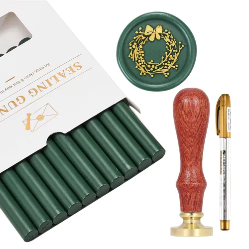 Yoption Kit de sellado de cera, sello de cera de corona de Navidad, 10 varillas de cera de sellado de pistola de pegamento verde oliva y bolígrafo,