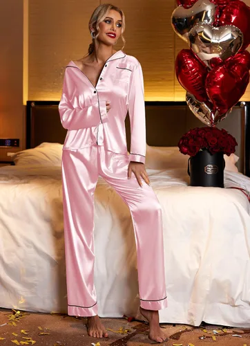Miniatura 2 de Ekouaer Conjunto de pijama de satén largo clásico de verano para mujer