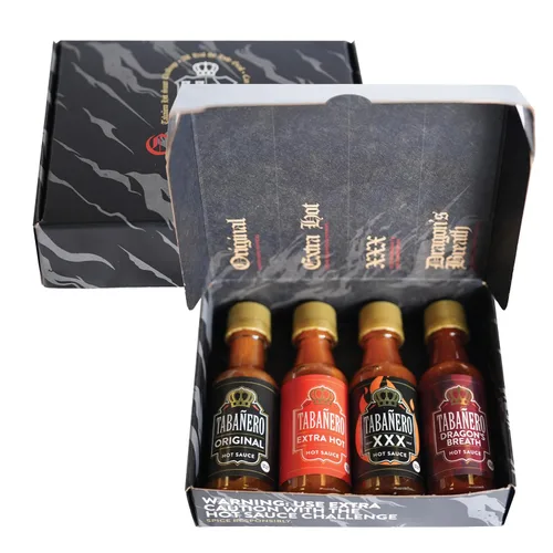 Tabañero Challenge Box, juego de regalo de salsa picante, paquete de 4, original, extra, XXX Hot and Dragon's Breath, mini botellas de vidrio de 1.7