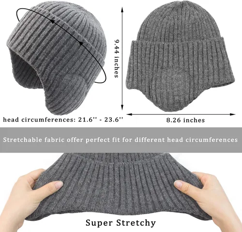Miniatura 4 de Muryobao Gorro de invierno para hombre, con puños y orejeras, tejido elástico, gorro de punto para esquí