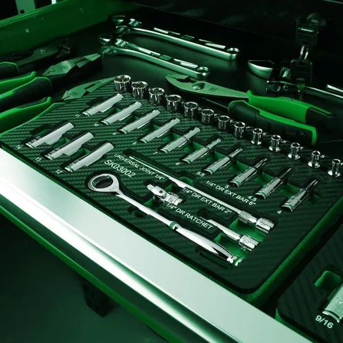 Miniatura 8 de SK Juego de llaves de 1/4 pulgadas con trinquete de 160 dientes, 30 piezas, métricas, acabado SuperKrome, construcción premium CR-V, con organizador