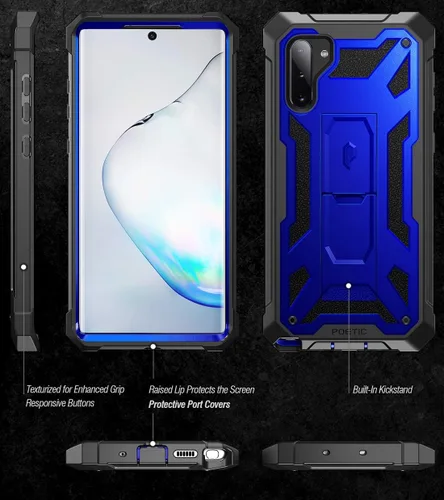 Miniatura 2 de Poetic Spartan Series diseñada para Samsung Galaxy Note 10, resistente de doble capa de color metálico con textura de cuero de primera calidad, Azul