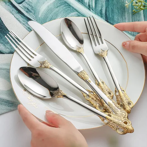 IKXO Retro Royal - Juego de cubiertos de acero inoxidable de grado alimenticio con ribete chapado en oro para reuniones, bodas, fiestas de Navidad,