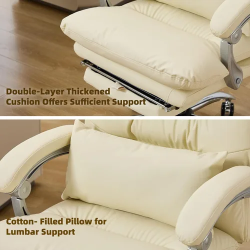 Miniatura 4 de Silla de oficina con reposapiés, respaldo alto 155° reclinable, silla de computadora de escritorio de oficina de cuero, silla giratoria de Beige
