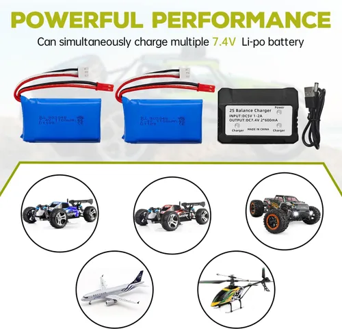 Miniatura 6 de Batería de litio 2 piezas 7.4 V 1100 mAh con cargador 2 en 1 para WLtoys A949 A959 A969 A979 S989 V912 T23 T55 F45 A320 A321 RC Control remoto coche