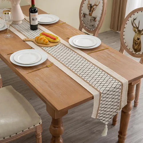 Miniatura 3 de Camino de mesa, estilo bohemio con borlas, algodón y lino, decoración del hogar de estilo granja para sala de estar, cubrecómodas
