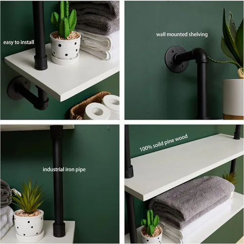 Miniatura 6 de HDDFER - Estantería industrial para tuberías rústicas en blanco, estantes de pared de tubería industrial con tablas de madera, estantes flotantes