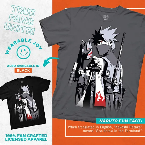 Miniatura 3 de Ripple Junction Naruto Shippuden - Camiseta de manga corta para hombre, Kakashi Hatake Story Anbu Hokage Cloak Crew con licencia oficial, Negro