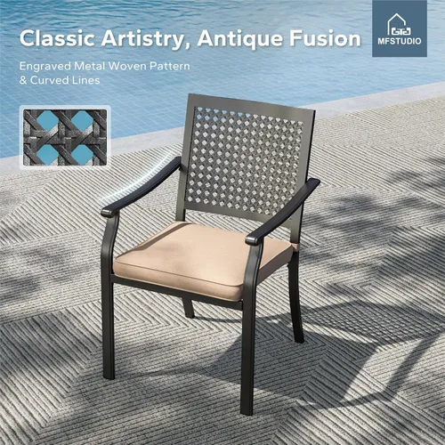 Miniatura 5 de MFSTUDIO Juego de 2 sillas de comedor al aire libre, sillas de metal para patio, sillas de comedor de hierro forjado negro con cojín para terraza