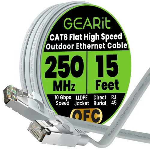 Miniatura 22 de GEARit Cable Ethernet plano Cat 6 para exteriores (15 pies, negro) Chaqueta LLDPE clasificada para entierro directo – Cat6 blindado FTP 10Gbps