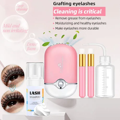 Miniatura 7 de Kit de extensión de pestañas profesional con cabeza de maniquí, párpados extraíbles, ventilador de pestañas USB, pestañas postizas individuales, Rosa