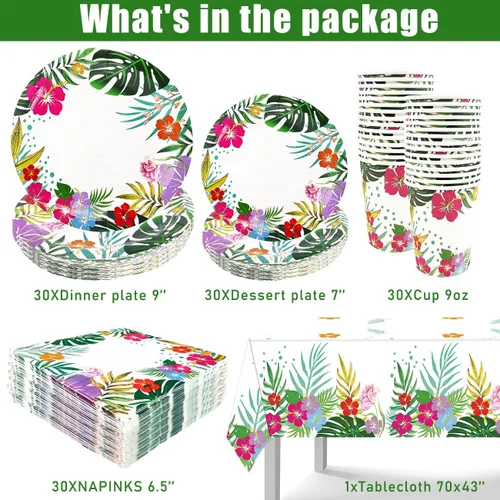Miniatura 2 de 121 piezas de decoraciones hawaianas de Luau para fiesta, suministros de vajilla Aloha Tropical para fiesta, incluyendo platos, servilletas, tazas
