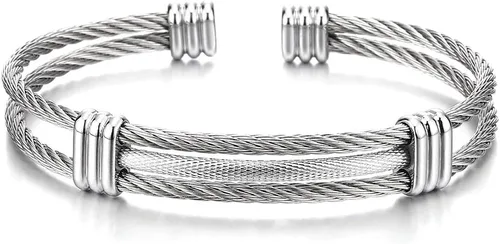 Pulsera de acero inoxidable COOLSTEELANDBEYOND con cable trenzado ajustable para hombre y mujer