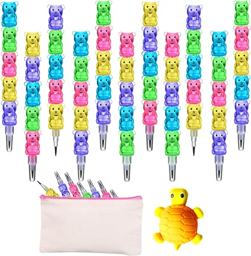 32 lápices apilables de plástico de oso 5 en 1, lápices de colores apilables con borradores de tortuga y bolsa en blanco para suministros de fiesta