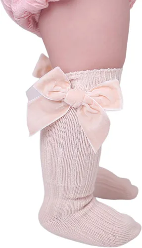 Miniatura 3 de Kayotuas Calcetines altos hasta la rodilla con lazos, calcetines de uniforme con volantes de tubo largo, calcetines de punto acanalado para bebés