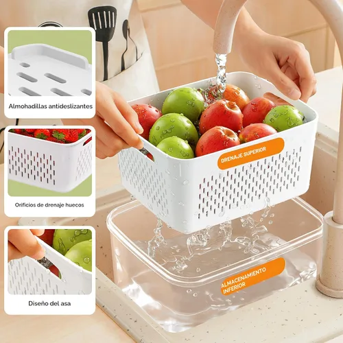Miniatura 2 de Paquete de 5 recipientes de almacenamiento de frutas para refrigerador con coladores extraíbles, 4 en 1 contenedores de almacenamiento de productos