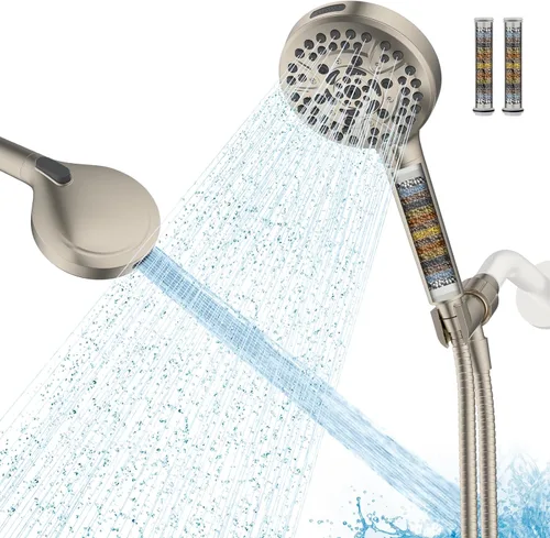 Miniatura 11 de Hibbent Cabezal de ducha filtrado con mano, cabezal de ducha de alta presión con 10 pulverizadores con 3 filtros, suavizador de agua para agua dura