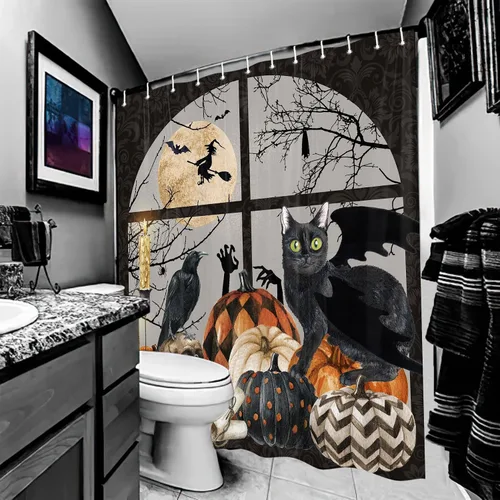 Miniatura 3 de Cortina de ducha de Halloween, espeluznante calabaza negra, gato negro, juego de cortina de ducha de esqueleto gótico, calavera de terror