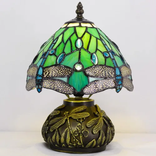 Miniatura 3 de Lámpara de mesa pequeña Tiffany W8H11 pulgadas Tiffany verde libélula estilo de la lámpara de vidrieras de bronce tipo hongo base de resina mini