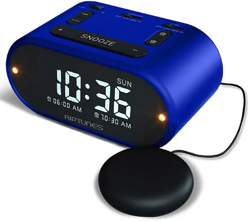 Riptunes Reloj despertador fuerte con agitador de cama para personas que duermen mucho y con discapacidad auditiva, alarma dual para dormitorio, Azul