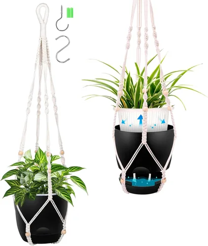 Miniatura 11 de Paquete de 2 macetas colgantes de riego automático de 7.2 pulgadas para plantas de interior y exterior, macetas colgantes de macramé de 34 pulgadas