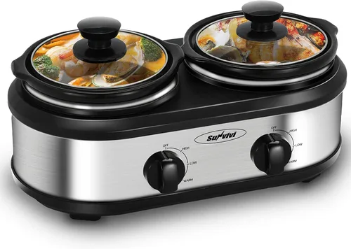 Miniatura 10 de Sunvivi Olla de cocción lenta doble, servidores de buffet y calentador con 2 ollas de cerámica extraíbles, calentador de alimentos de cocción lenta