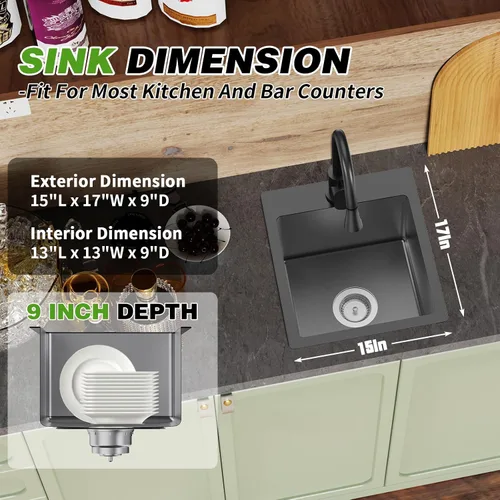 Miniatura 4 de Fregadero Negro de Cocina y Bar, Fregadero de Cocina de Acero Inoxidable de 15 x 17 Pulgadas para Empotrar, Fregadero de Bar Moderno de Un Solo