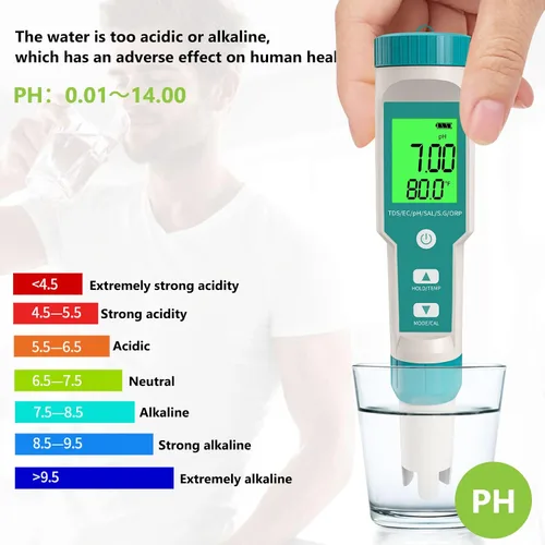Miniatura 4 de Medidor de pH, 7 en 1 pH/TDS/EC/ORP/S.G/Medidor de salinidad/temperatura con medidor de pH ATC, medidor de agua de alta precisión de resolución