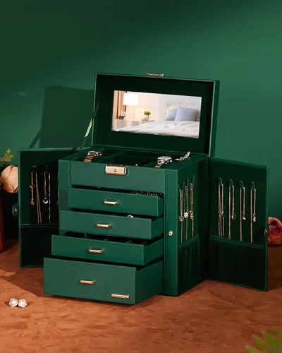 Miniatura 35 de Homde Regalos de Navidad de cuero sintético, enorme joyero, organizador de reloj con espejo, collar, anillo y aretes, estuche de regalo con Dorado